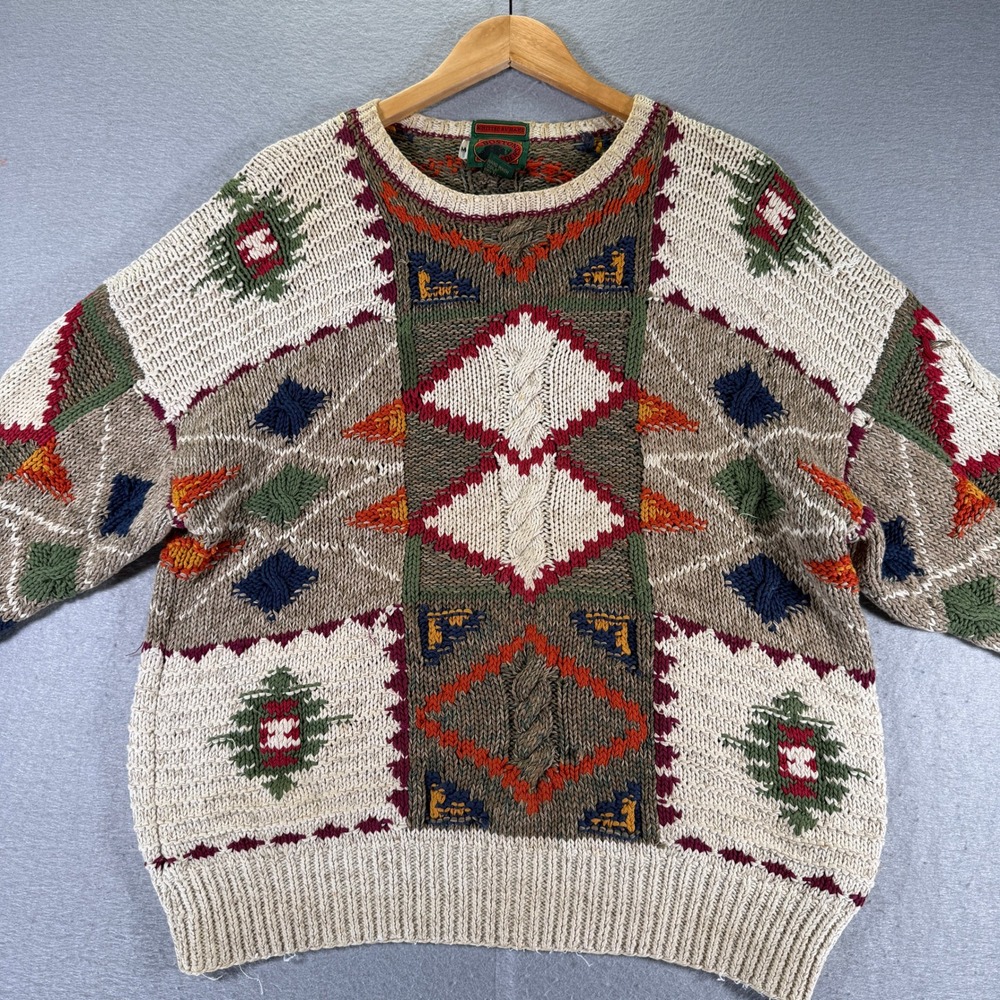 Vintage Boston Traders Hand Knit Cotton Sweater Mens Medium‎ Aztec Pattern - Picture 3 of 14